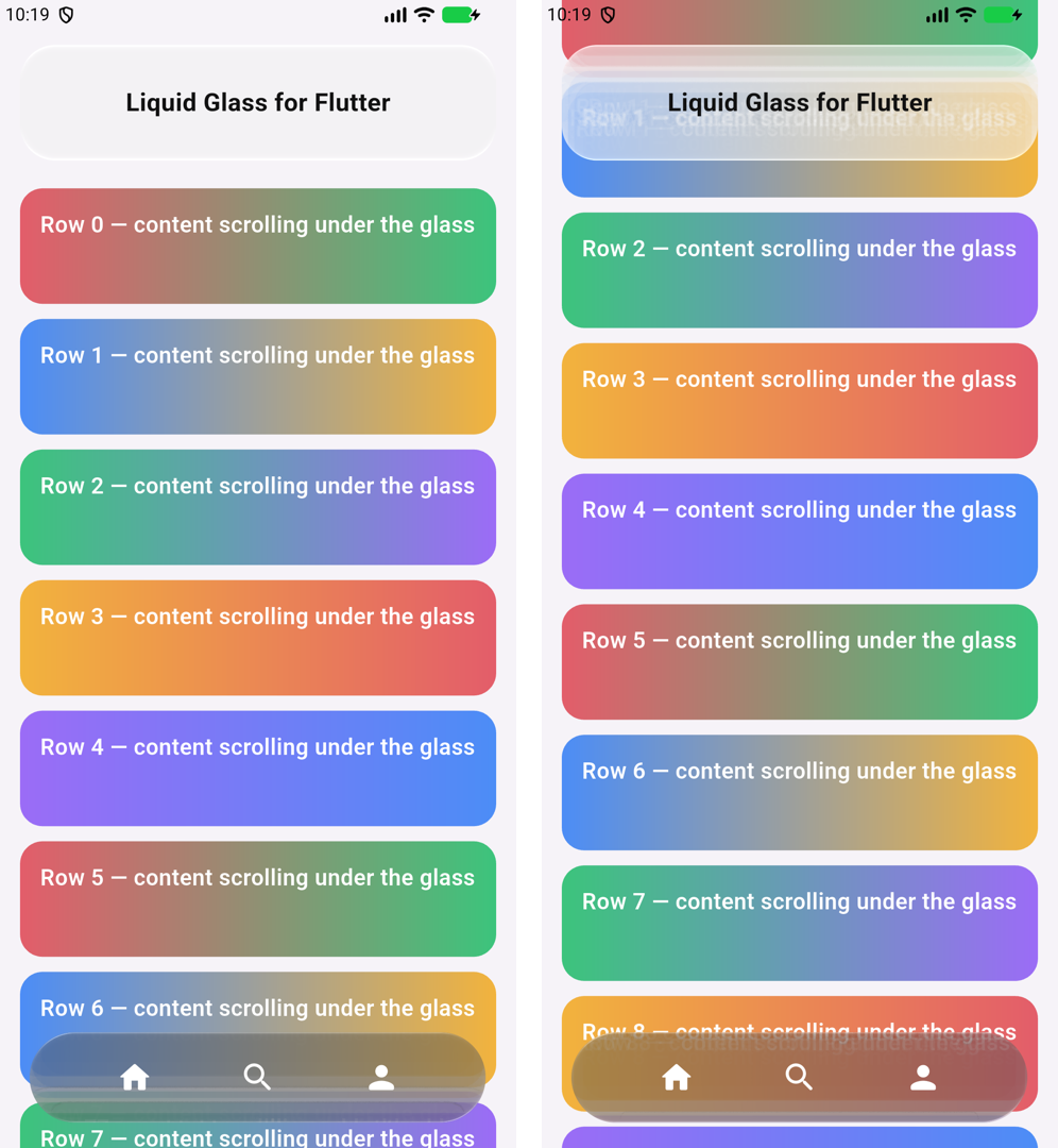 Flutter on the Android emulator: a light glass card and a dark glass bar refracting a scrolling list, at rest and scrolled