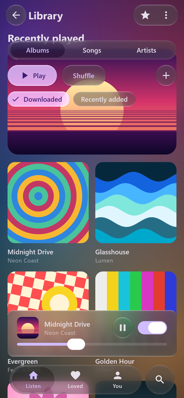 A Material 3 app in glass, dark scheme: top bar, buttons, chips, a frosted mini player and the floating tab bar