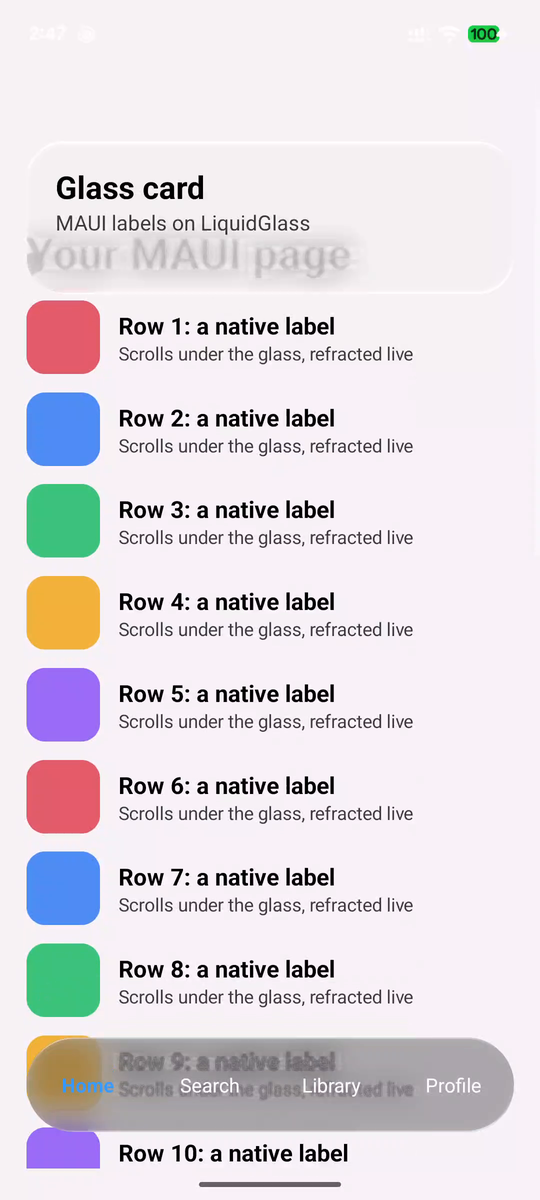 The MAUI demo on a Pixel 7: a light glass card refracting the page title, a dark glass bar refracting a row