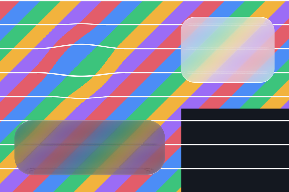 Glass rendered by React Native Skia's headless build: a lens bending the lines, a light and a dark surface